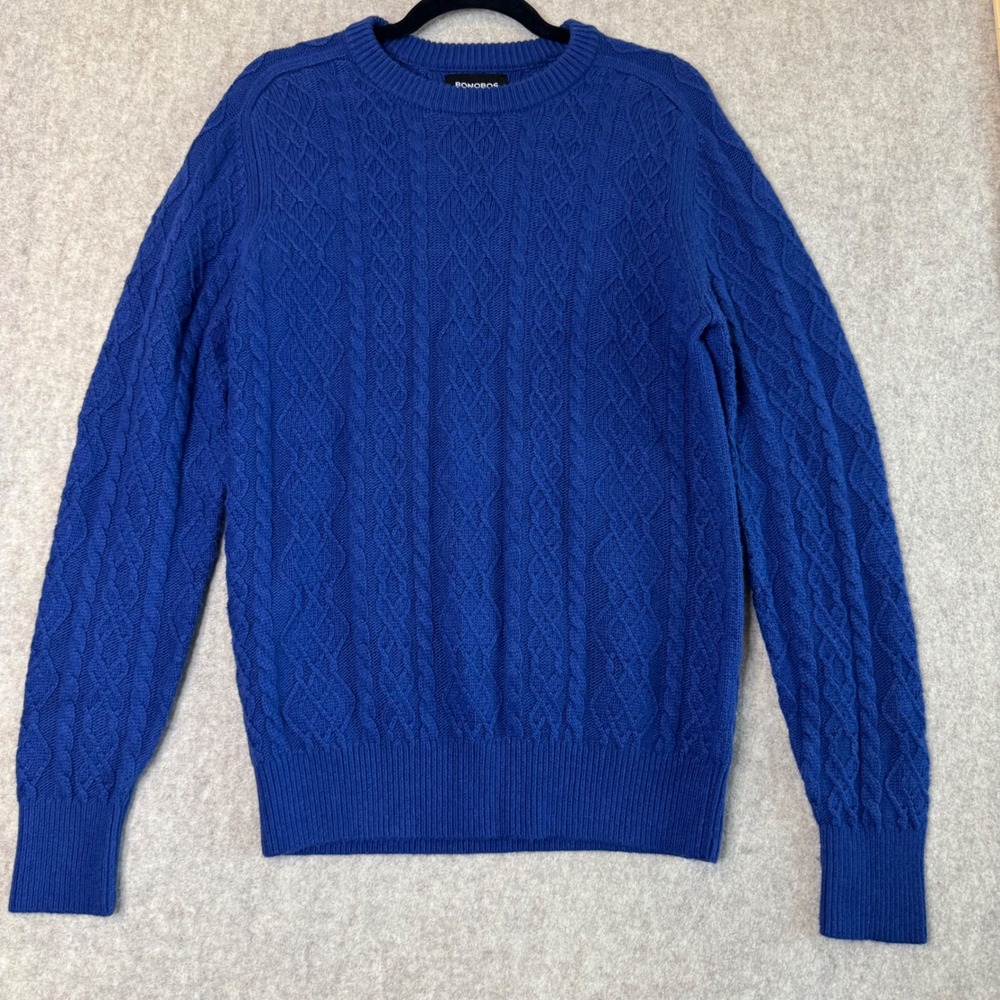 Bonobos Cable Knit Sweater Mens S Royal Blue Merino Wool Alpaca Crewneck
